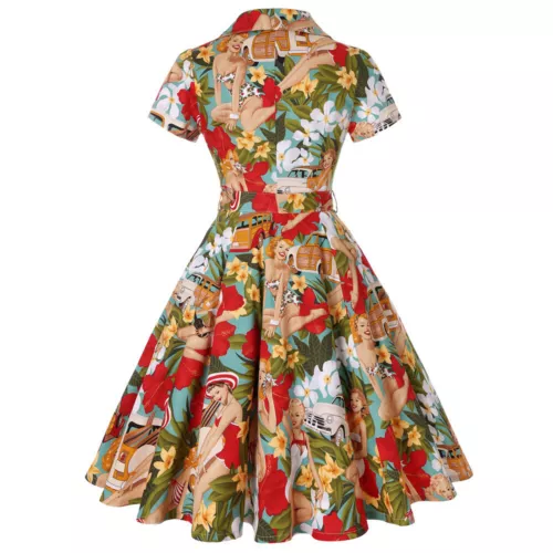 Woman Ladies 40s 50s Rockabilly Vintage Style Floral Print/Plaid Cotton Dress UK - Picture 3 of 28