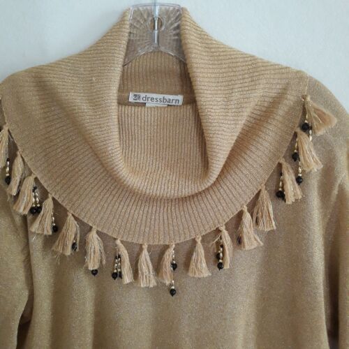 Dressbarn Cowl Neck Sweater Womens Medium Metallic Gold Lightweight Beads Fringe - Picture 3 of 11
