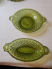 2 Vintage avocado green glass bowls with double handle and honeycomb pattern