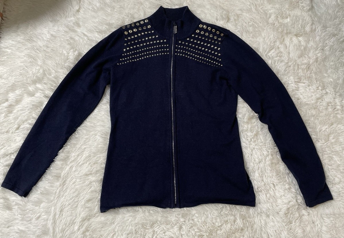 Belldini Womens M Sweater Rhinestone Zip Up Mock Neck Navy Blue