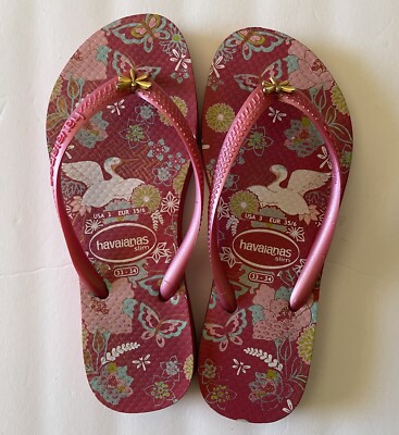 Havaianas Flip Flops Girls Pink Crane Floral Good Bow Accent