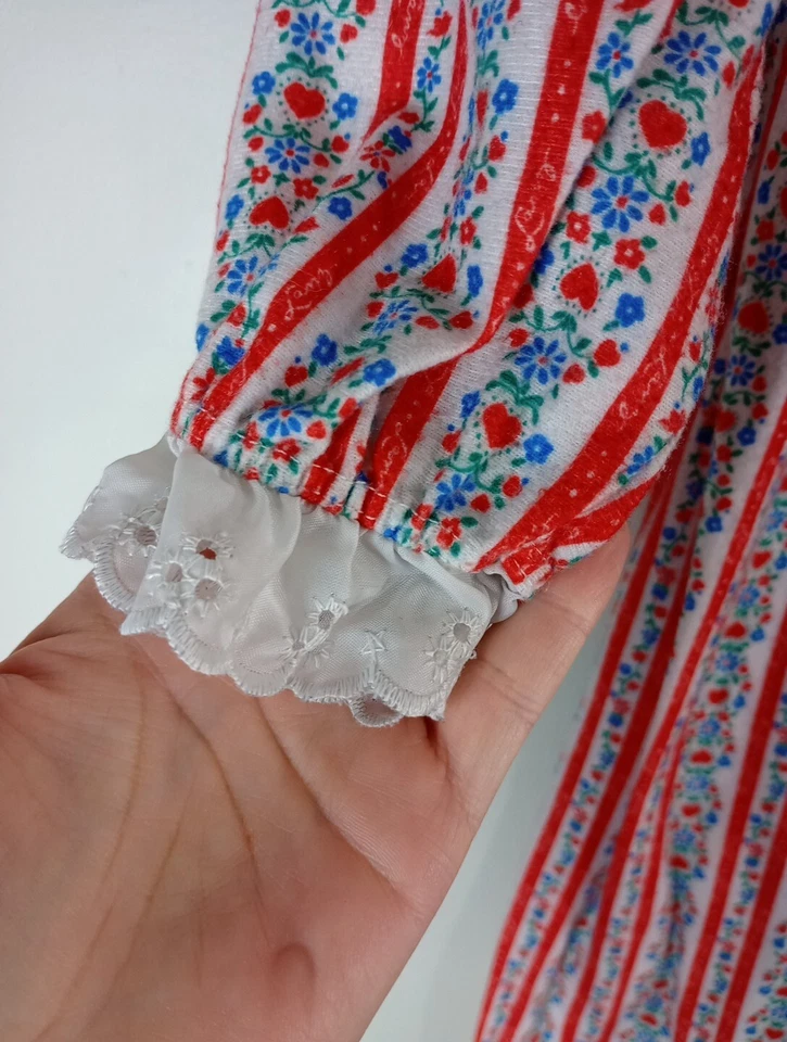 Camisón Lanz Kids Rojo y Blanco Rayas Floral Manga Larga Encaje Talla 8-10 Foto 2 de 4