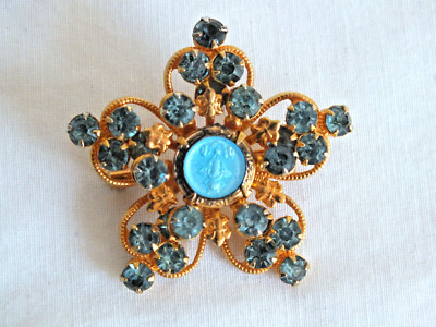 vintage Infant of Prague Catholic blue rhinestone pin brooch STAR Shape