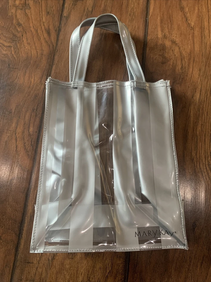 "Bolsa de mano Mary Kay de plástico de vinilo transparente y plateado con mango plateado 9"" X 7"" X 4""" Foto 3 de 4