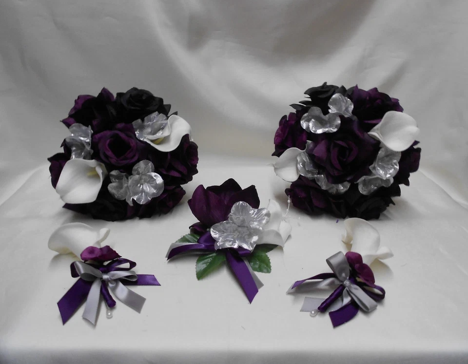 Silk Flower Wedding Bridal Bouquet Purple Plum Eggplant Silver Calla Lily 18 pcs - Image 3 of 4