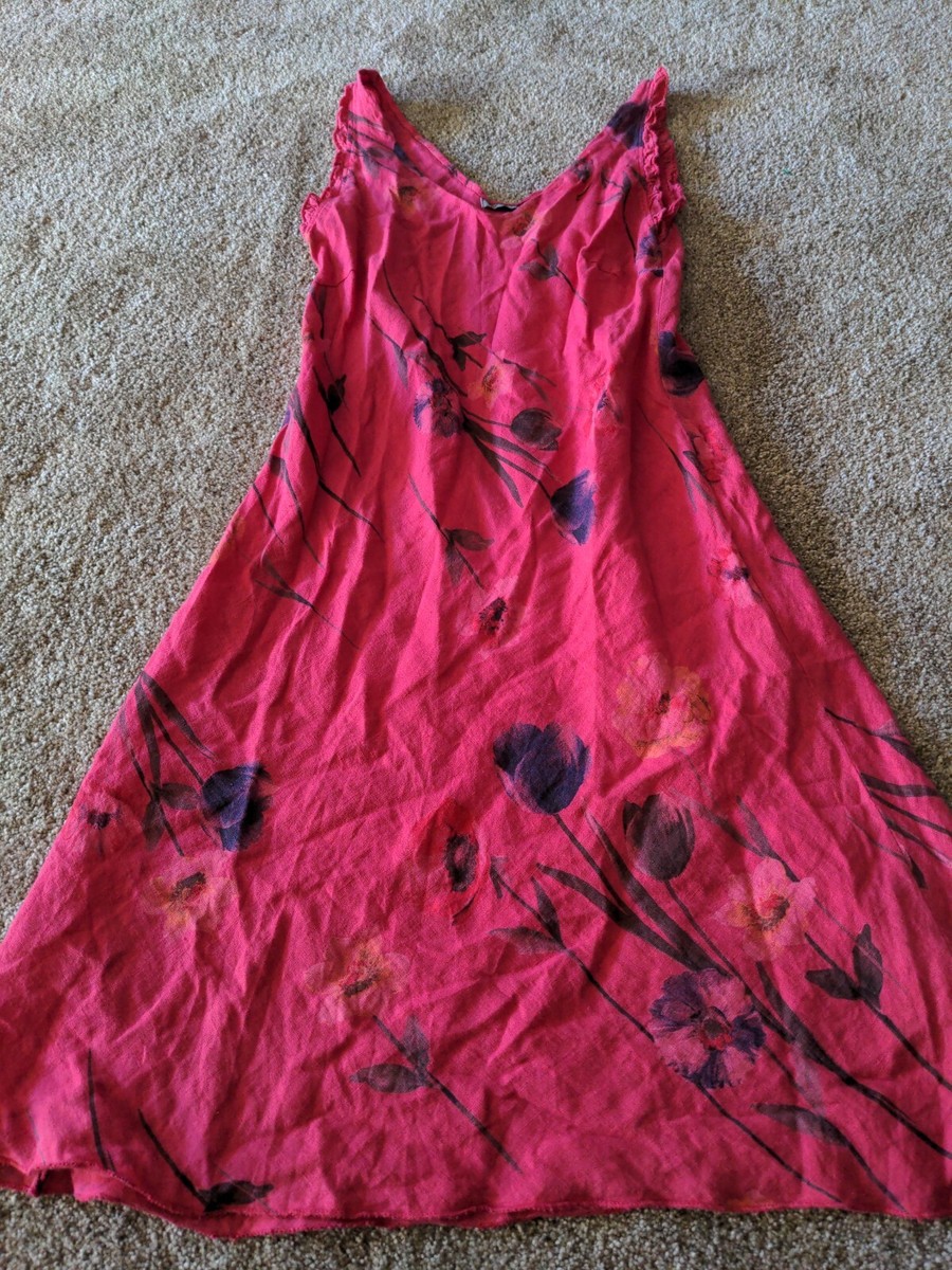 Angela Mara Women's XS Linen Sleeveless Dress Pink Floral B3