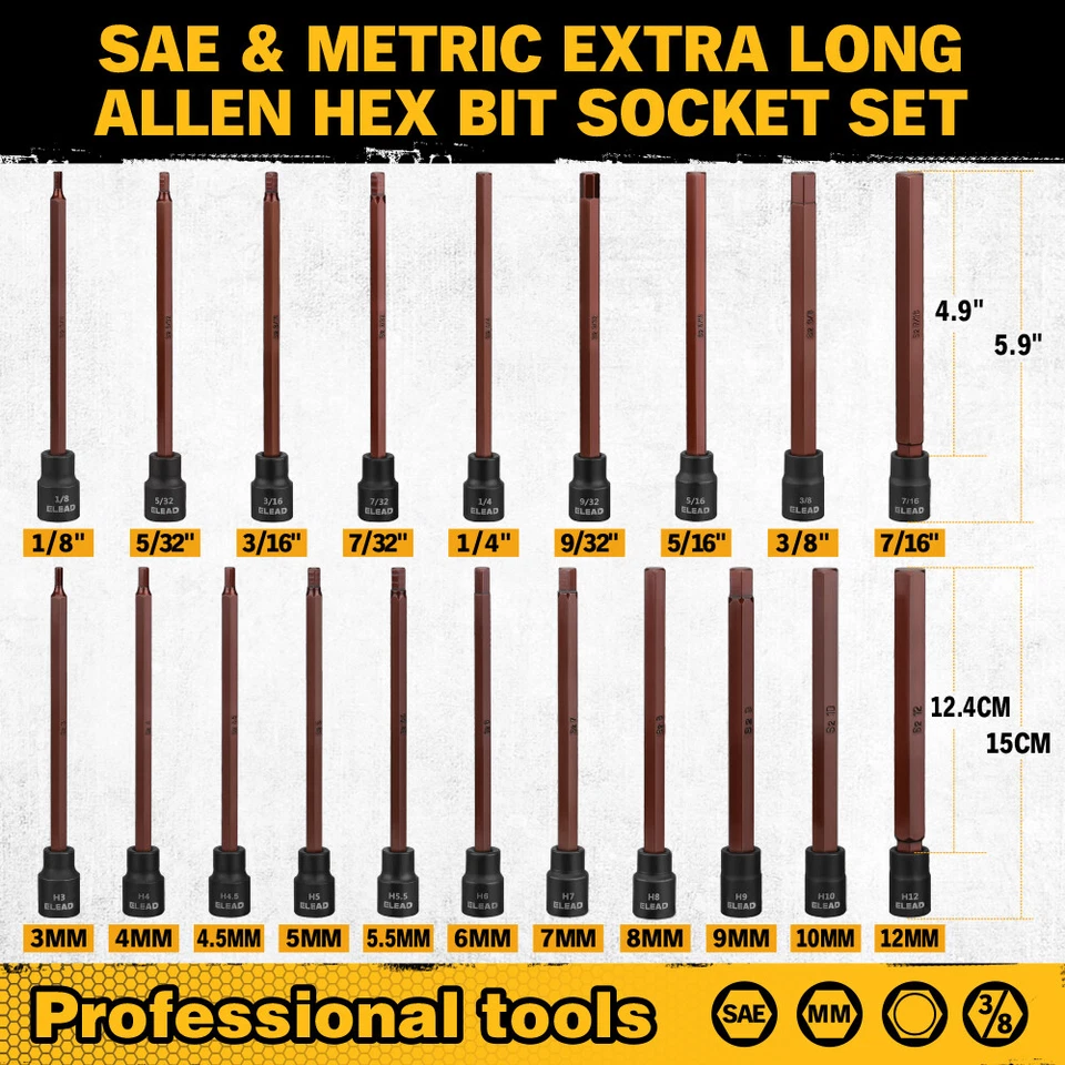 20PC Extra-Long Allen Hex Bit Socket Set 3/8" Drive SAE & Metric Impact  Ratchet - Image 3 of 4