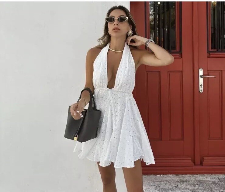 ZARA WHITE CUTWORK EMBROIDERY HALTER NECK MINI DRESS WITH LINING - Main Image