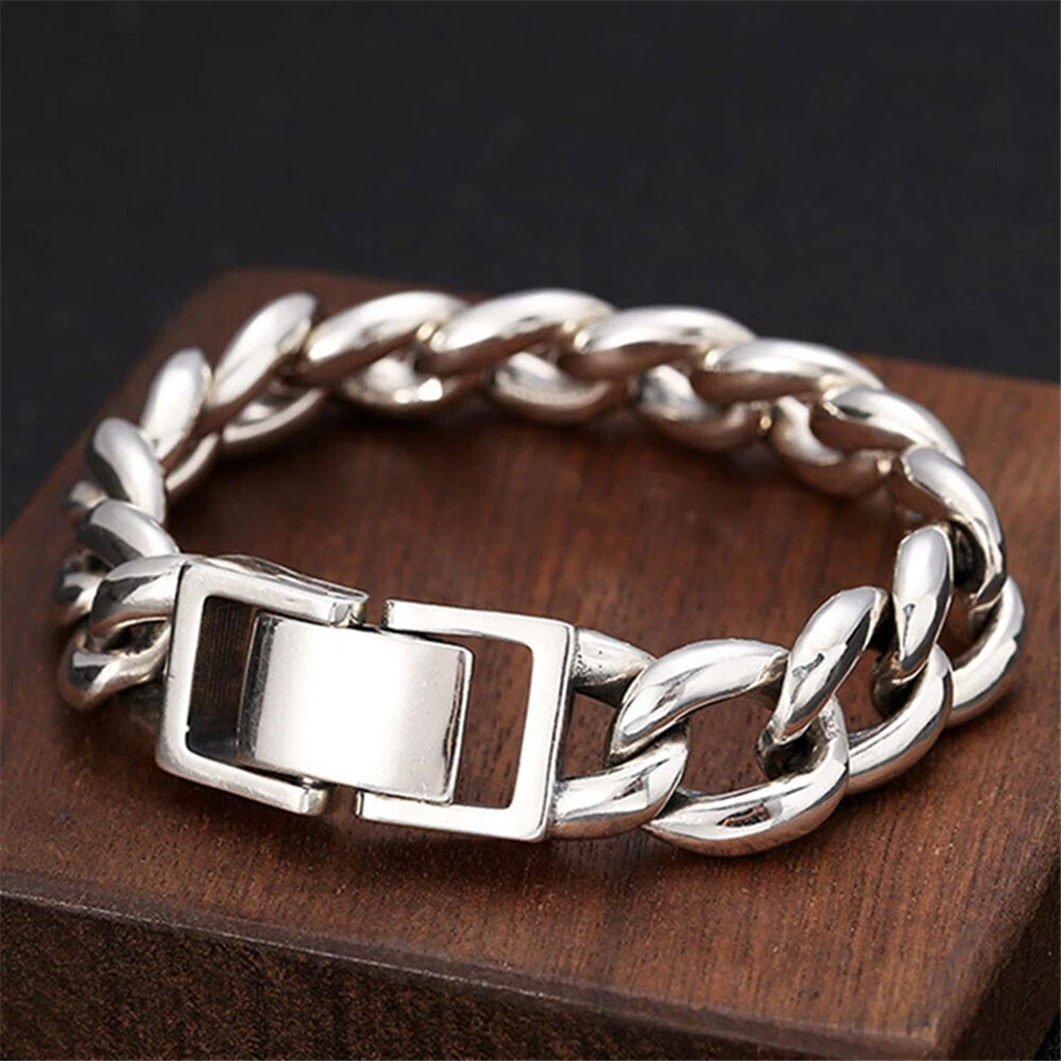 Real S925 Sterling Silver Chain 16mm Heavy Curb Cuban Link Bracelet 7.1-7.9inch - Image 2 of 4