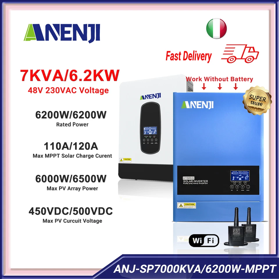 6200W/7000VA Inverter Solare Off Grid Ibrido MPPT 110A/120A 230V 48V 450/500VDC
