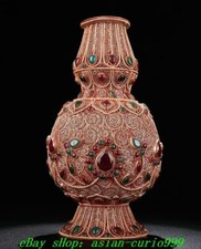 Raro vaso bottiglia fiore gemme intarsiato oro bronzo tibetano antico tibetano 8,6"