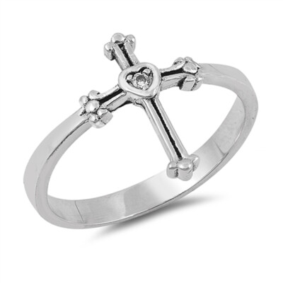 Solitaire Clear CZ Heart Cross Ring Sterling Silver Christian Band