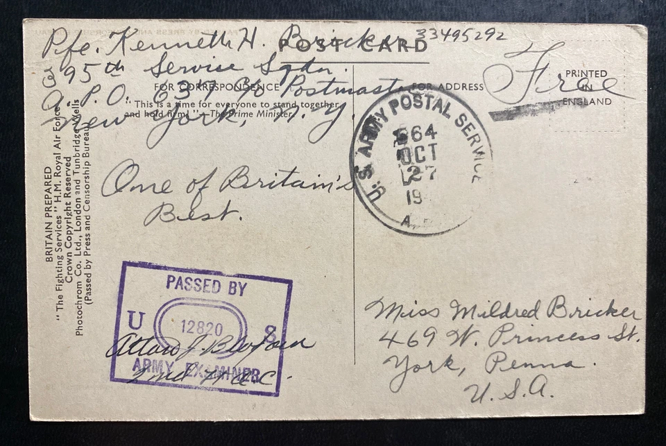 1943 USA Air Force PO 637 Picture Postcard Cover To York PA Hurricane II Britian - Image 2 of 2