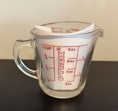 Pyrex Measuring Cup 508  1 Cup Red Lettering Closed D Handle USA Vintage - oz mL