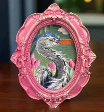 Botanical Great Blue Heron mini watercolor print in vintage style ornate frame