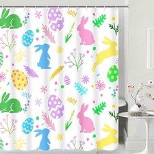 Easter Shower Curtain Set, Spring Floral Cute Bunny Eggs Fabric Waterproof