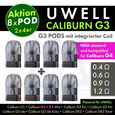 UWELL Caliburn G3 Pods 8 Stk (2x4) | G4 kompatibel | 0,4_0,6_0,9_1,2 Ω | 2,5/3ml