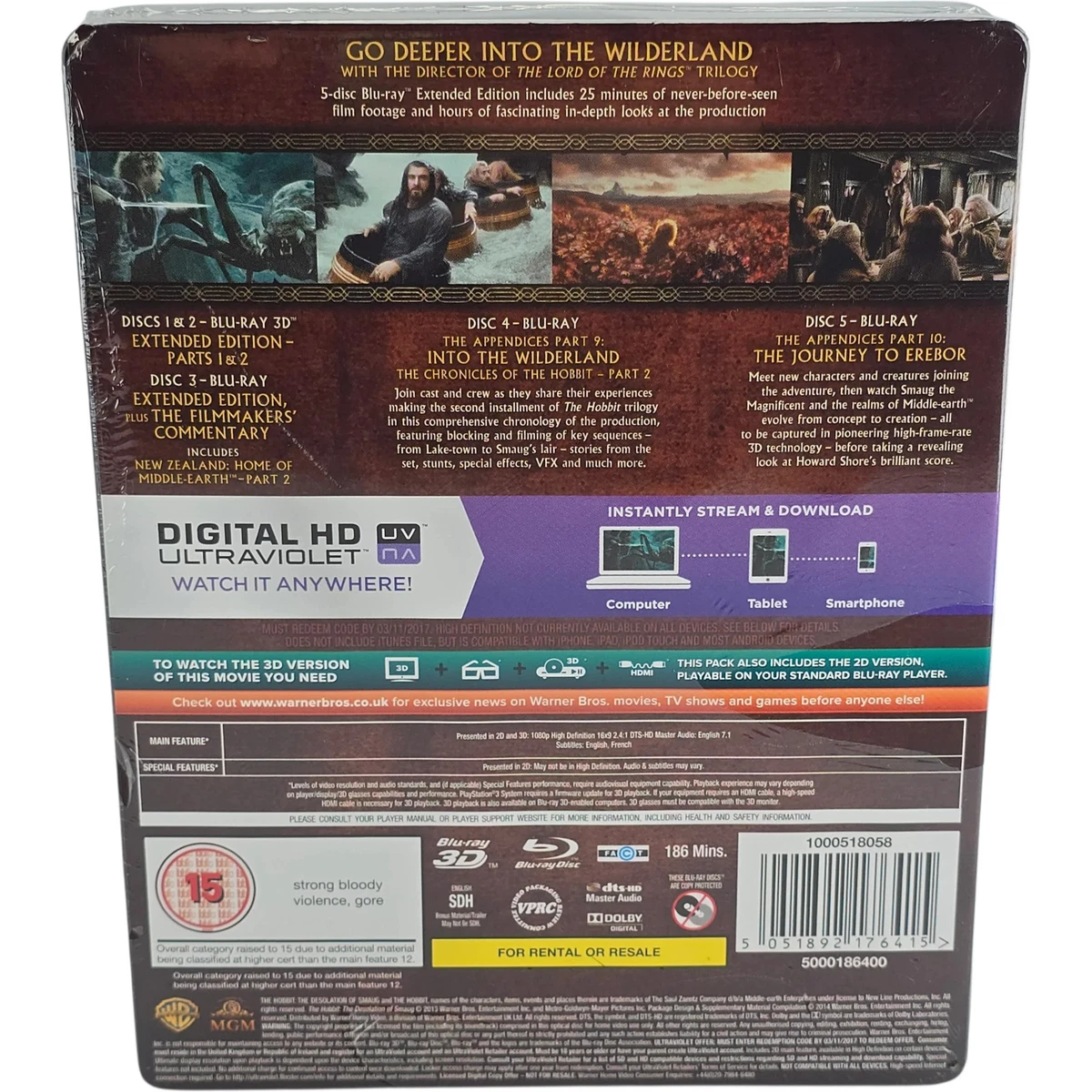 El Hobbit: La Desolación de Smaug Blu-ray 3D + 2D UK Edición Extendida Steelbook