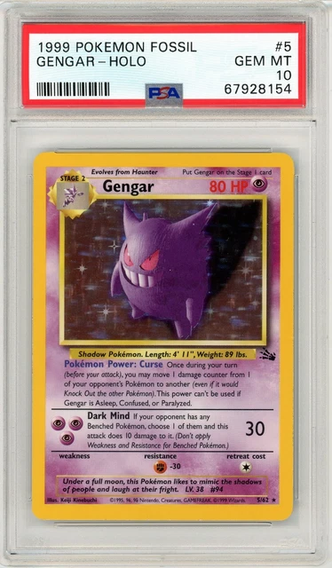Pokemon Gengar #5 Fossil Holo Unlimited  PSA 10 Gem Mint POP 51