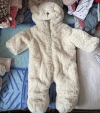 F&F Ivory Bear Hooded Snowsuit Fleece Padded Lined Zip Up to 1 Month