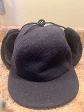 mens vintage wool hat with flaps black size medium with leather ties to tie ear 