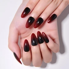 Halloween Press on Nails Short Almond Ombre Design, Black to Blood Red Ombre ...