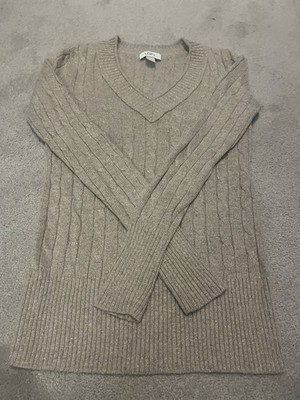 Ann Taylor LOFT Beige Cable-Knit V-Neck Pullover Long Sleeve Sweater Size S