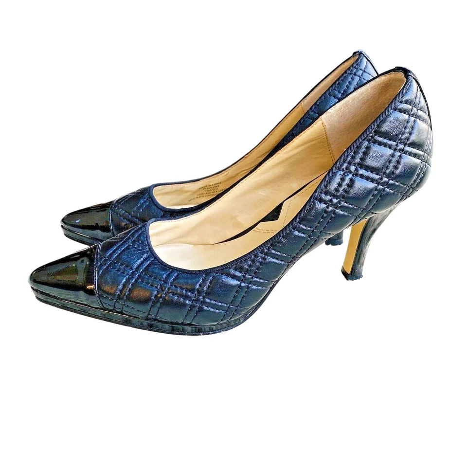 Adrienne Vittadini 'Jantine' 黑色绗缝皮革高跟鞋浅口鞋 7.5 米 — 第 3/4 张图片