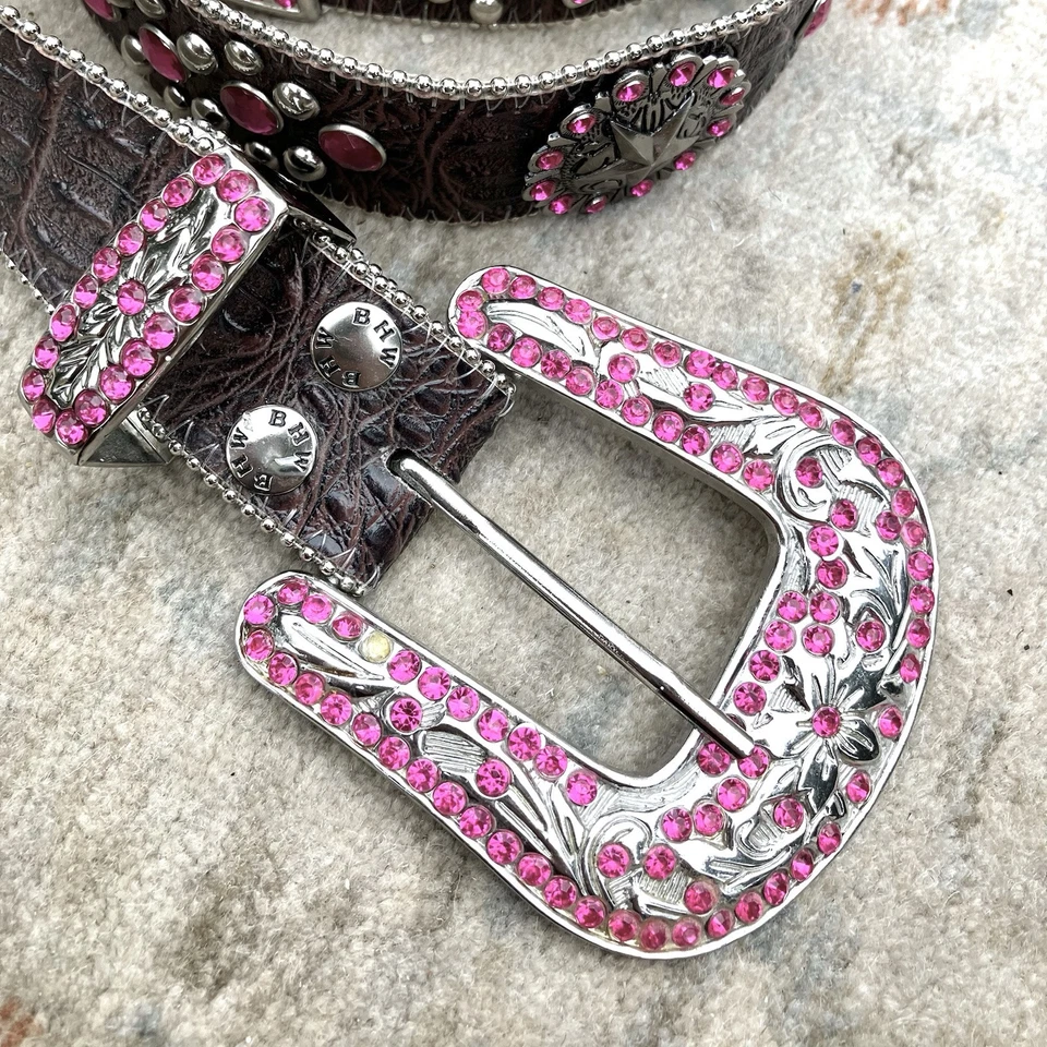 Cinturón de cuero marrón BHW adornado con hebilla plateada talla mediana Foto 3 de 4