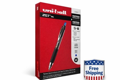 Uni-ball 207 Gel Pens Blue Ink 0.38mm Ultra Micro Retractable 12 Pack (1790923)