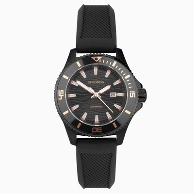 Sekonda Uhr 40574 Damen Dive Pacific Wave 200M schwarz Kautschukband UVP 79,99£