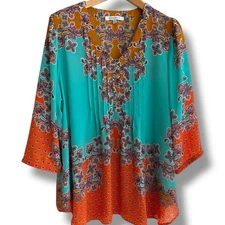 Rose + Olive Top Size 1X V-Neck Popover Global Bohemian Spirit Effortless Drape