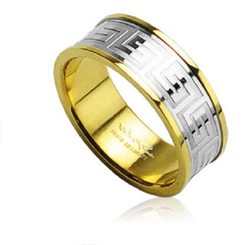 Stainless Steel 2 Tone Surgical Ring - Maze With Gold IP Band Ring Closeout - Picture 2 of 2