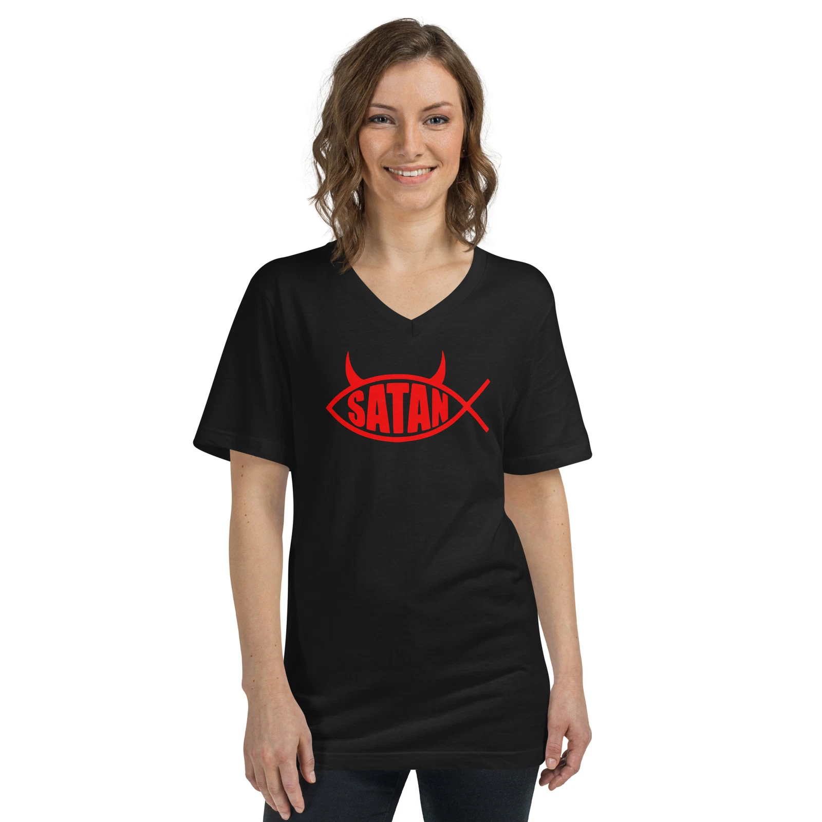 Red Ichthys Satan Fish with Horns Religious Satire Short Sleeve V-Neck T-Shirt