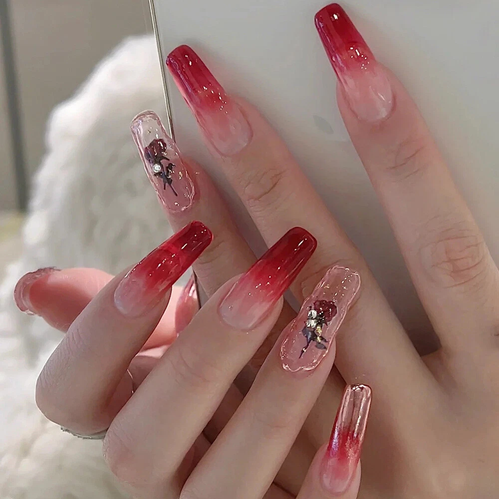 Coffin Fake Nails Rosa Gradient French Long Press on Nails for Nail Art 24pcs