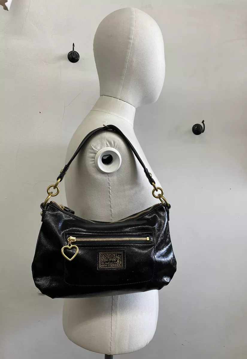 y2K Coach Poppy Collection Glossy Black Patent Leather Brass Shoulder Bag 2000s