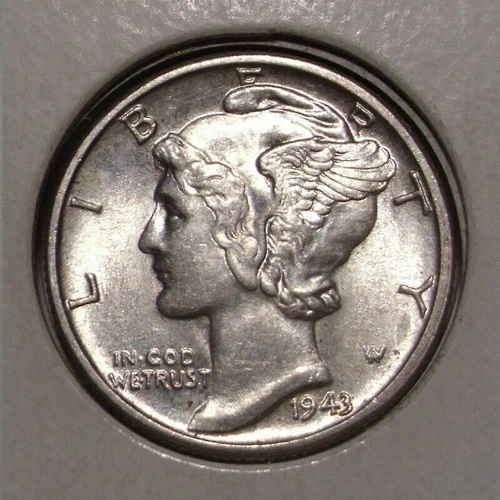 1943 P Mercury Dime Brilliant Uncirculated 90% Silver Coin BU