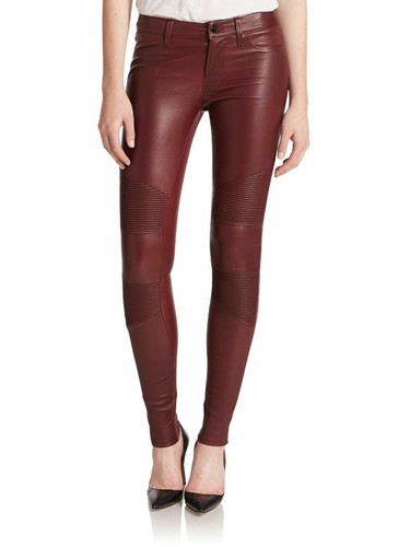 Women Burgundy Real Leather Trousers 