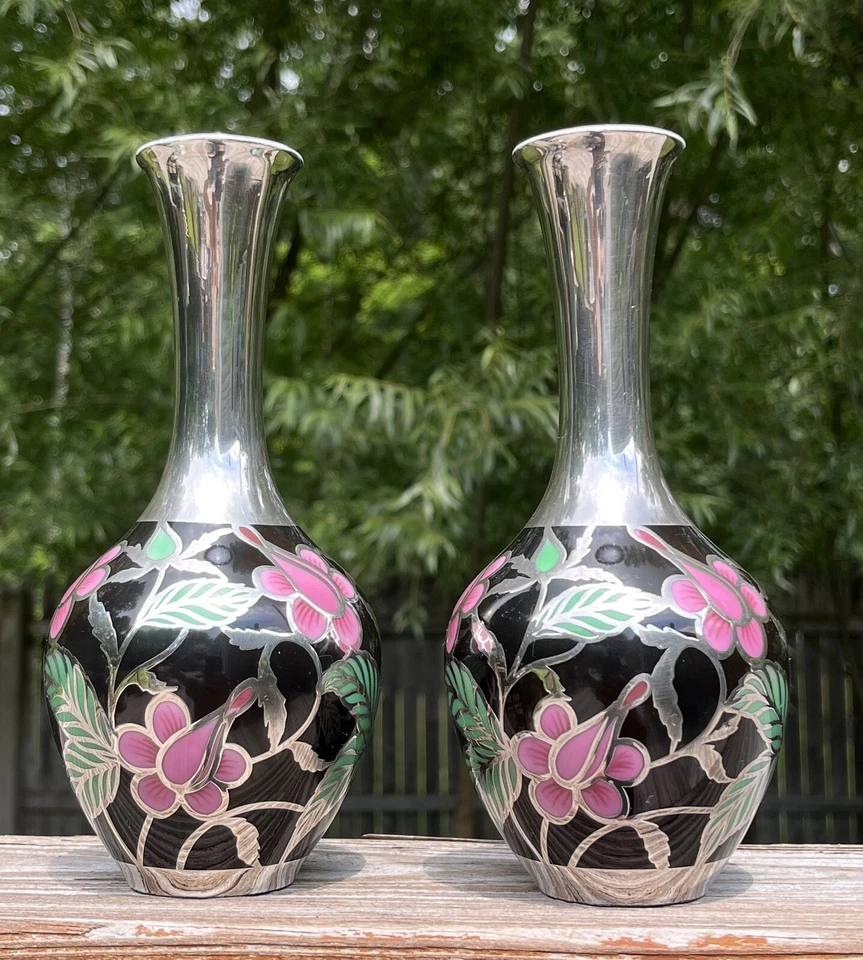 Spahr Art Deco Silver Overlay Porzellan Floral passende Vasen - Bild 3 von 4