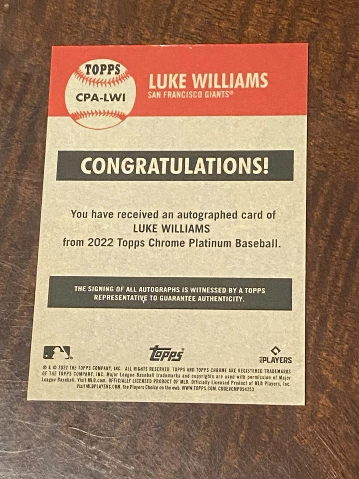 2022 Topps Chrome Platinum Anniversary Luke Williams CPA-LWI RC On-Card Auto - Image 2 of 2