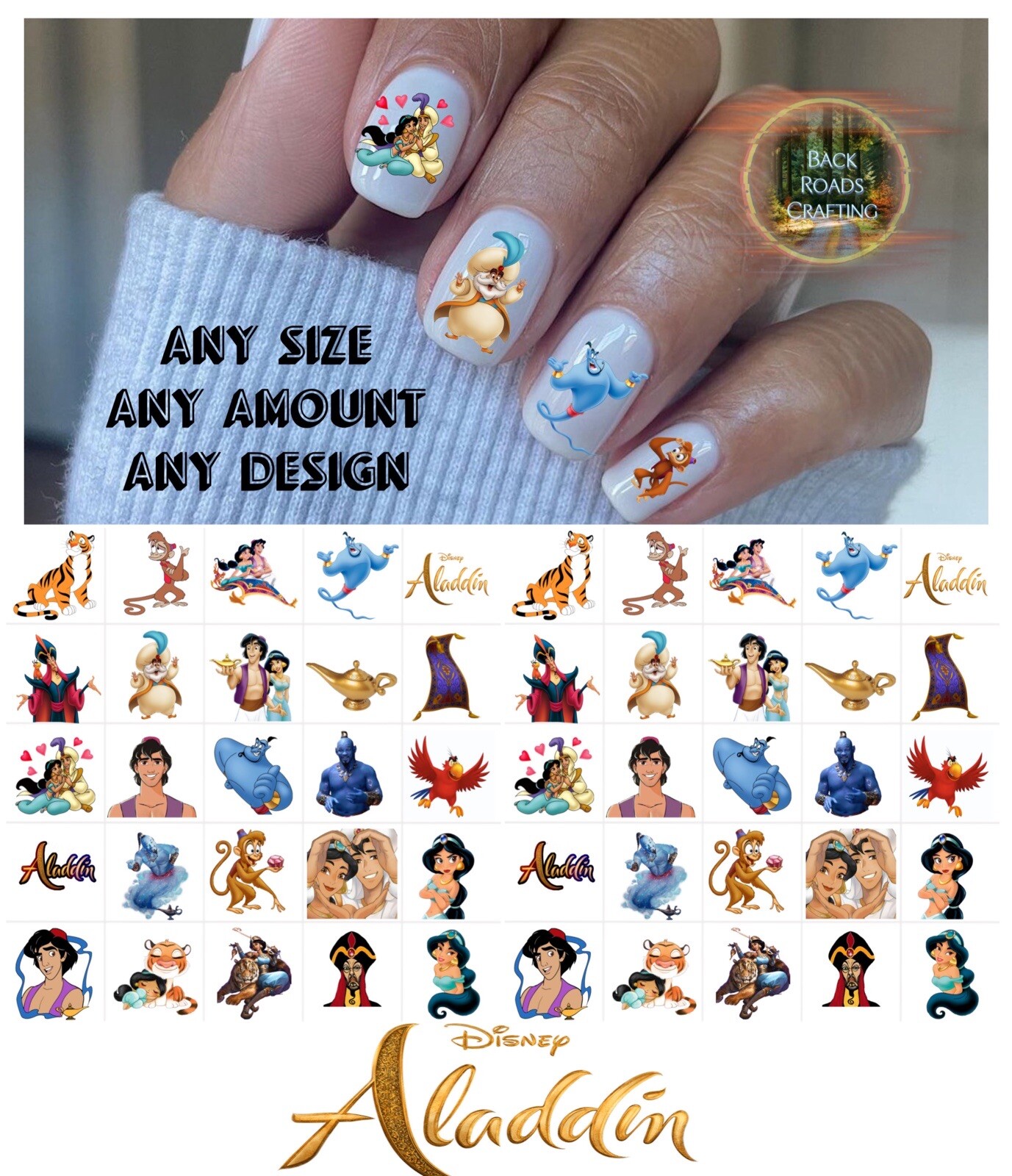 Aladdin Cartoon  Waterslide Nail Art Decals Set Of 50 Instructions & Bonus
