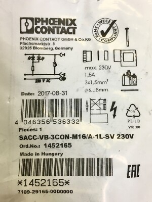 PHOENIX CONTACT SACC VB 3CON M16 A 1L SV 230V Valve Base Connector