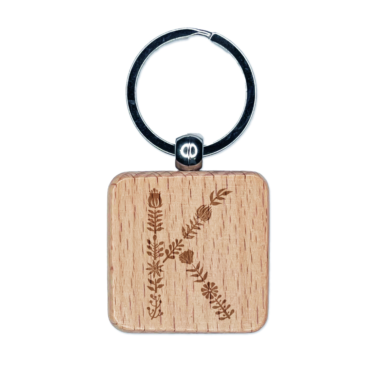 Elegant Engraved Wooden Floral Letter K Keychain Charm Tag  