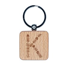 Elegant Botanical Floral Letter K Engraved Wood Square Keychain Tag Charm