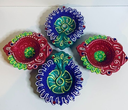 Traditional Diya Lamp T-Light Holder Red Purple Light Catching Set of 4