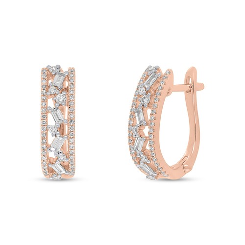 Baguette & Round Diamond Medley Huggie Earrings 14K Rose Gold Natural 0.51ct