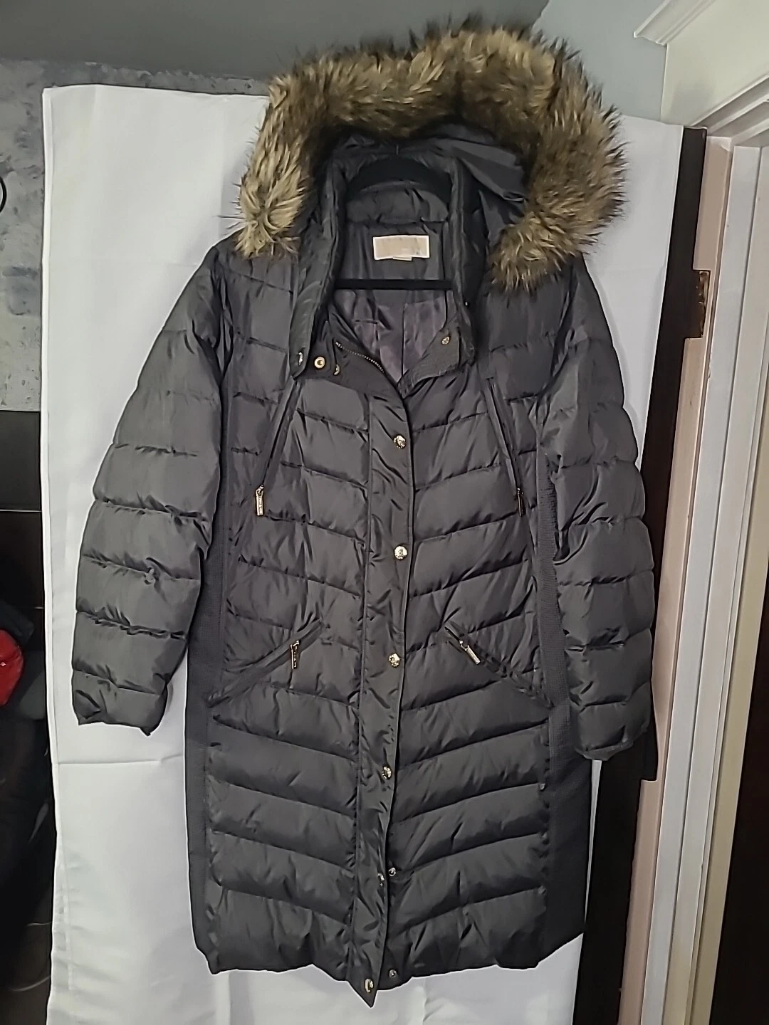 Piumino donna Michael Kors giacca lunga con cappuccio bordo rimovibile TG OX