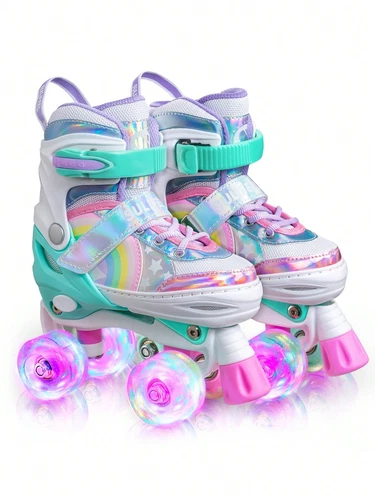 Green Rainbow Unicorn - 4 Size Adjustable Light Up Roller Skates for Girls