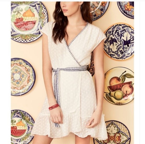 Johnny Was Jade Women's Eyelet Leafar Wrap Dress White Blue Accents Size Large - Bild 4 von 10