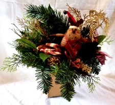 Xmas Floral Arrangement w Cloth Reindeer Accent 14" x 13" Table Desk Centerpiece
